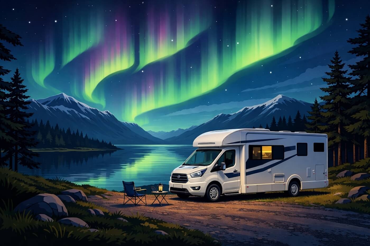 Aurores bor&eacute;ales au-dessus d&rsquo;un lac de montagne, avec un camping-car stationn&eacute; au bord de l&rsquo;eau.