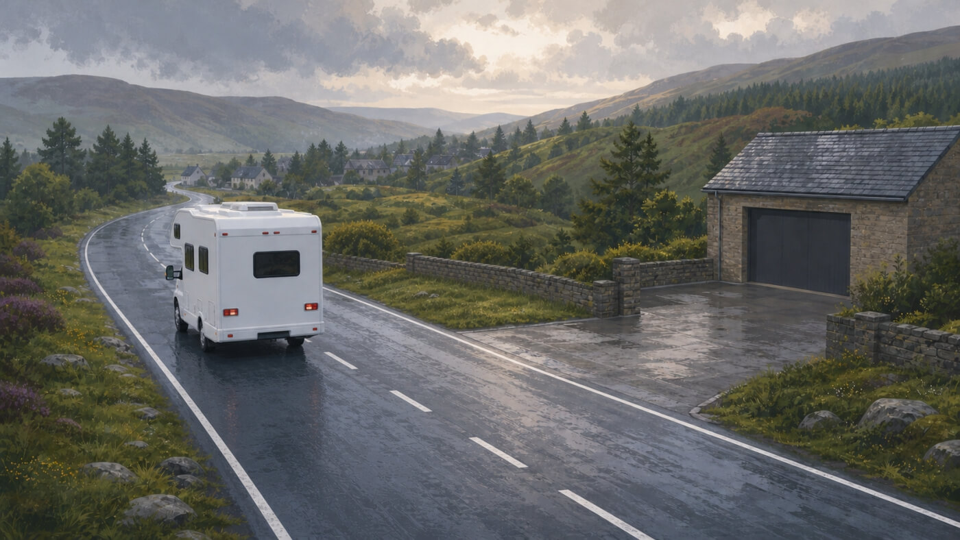 Camping-car de location roulant à gauche après avoir quitté un dépôt écossais.