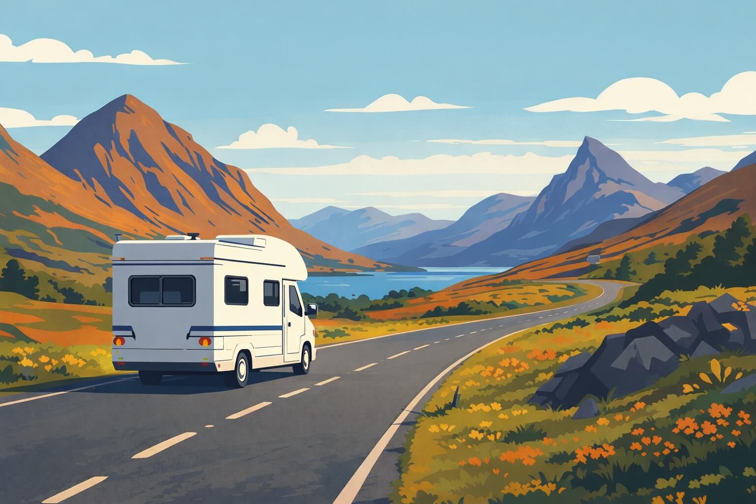 Camping-car sur une route des Highlands en Écosse, avec montagnes et loch en arrière-plan.