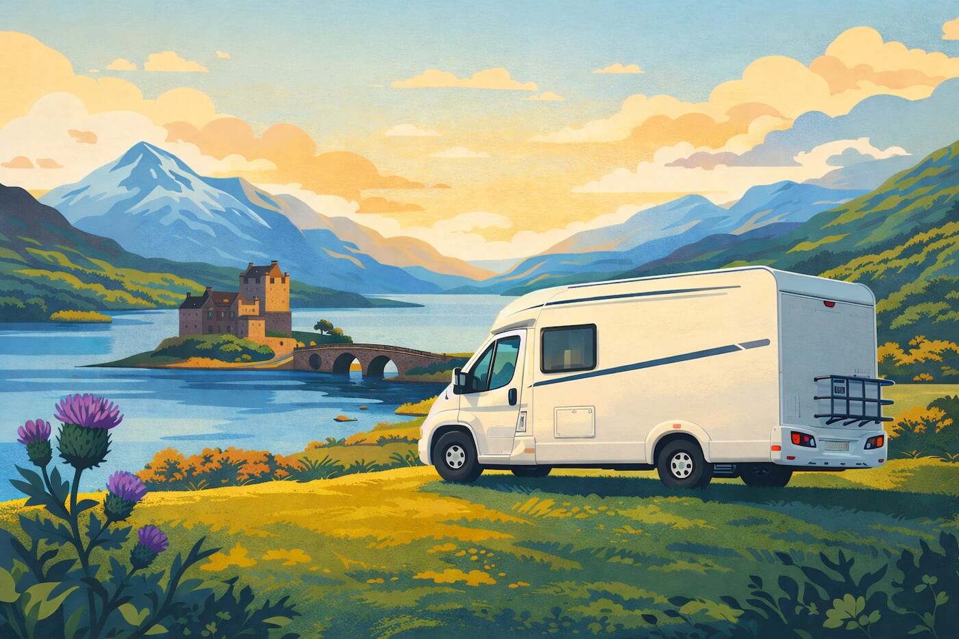 Camping-car devant le château d’Eilean Donan, Highlands d’Écosse.