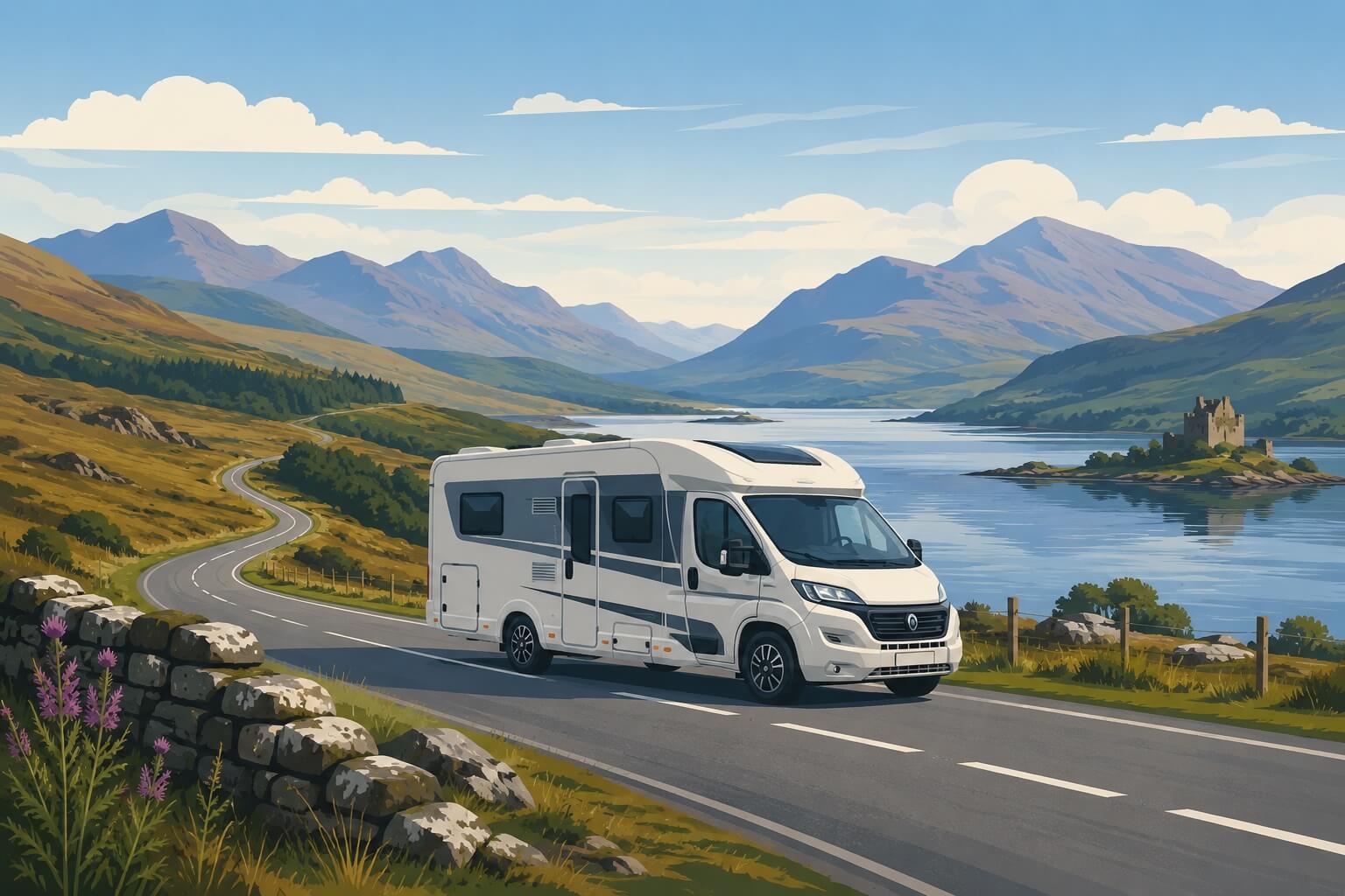 amping-car sur une route des Highlands en Écosse, au bord d’un loch avec des montagnes et un château en arrière-plan.