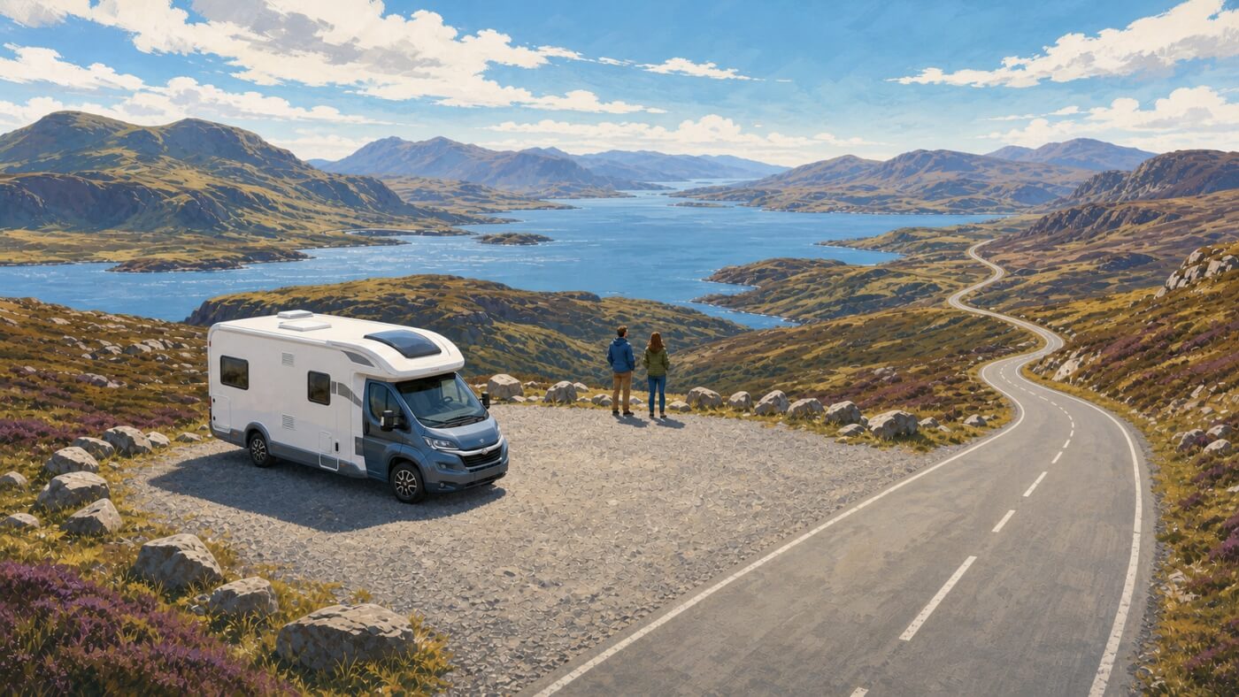 Voyageurs en camping-car lors d’une pause panoramique sur la North Coast 500.