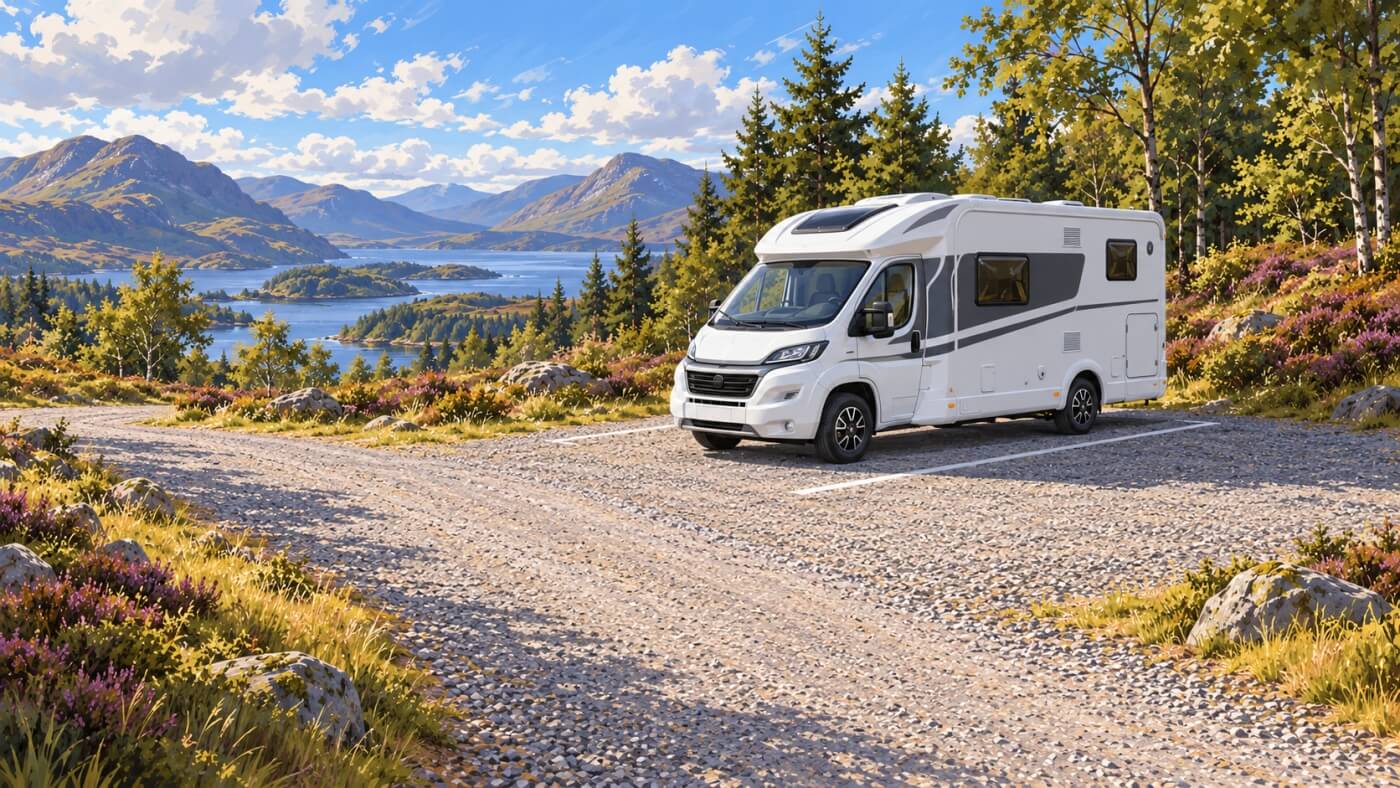 Camping-car stationné sur une aire ouverte près d’un loch écossais.