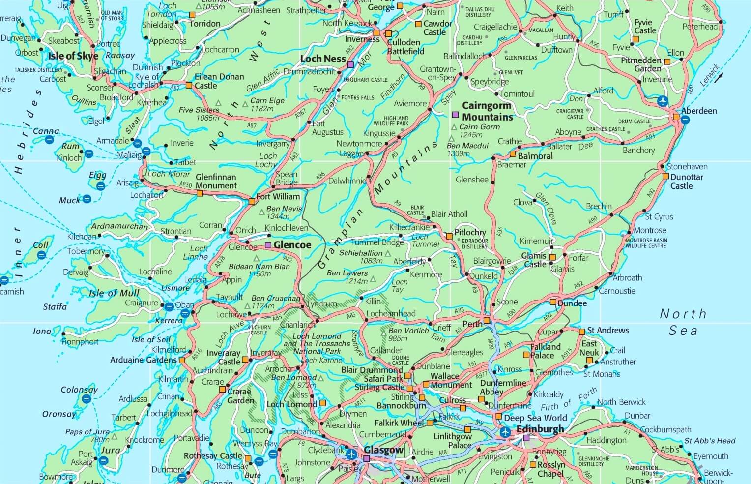 Carte du centre et de l’ouest de l’Écosse avec des villes comme Glasgow, Édimbourg, Inverness et Fort William.