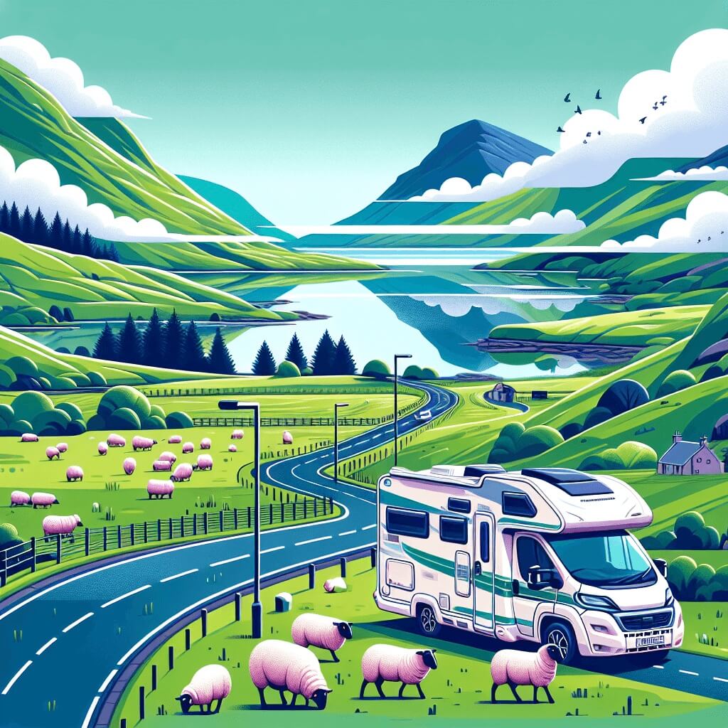 Camping-car en Écosse sur route sinueuse, collines verdoyantes, moutons et lac brumeux
