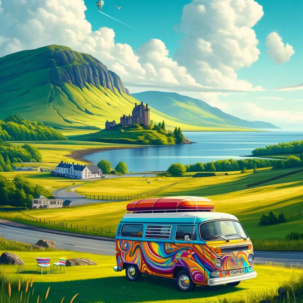 Van coloré de style hippie en Écosse, avec collines verdoyantes et loch bleu